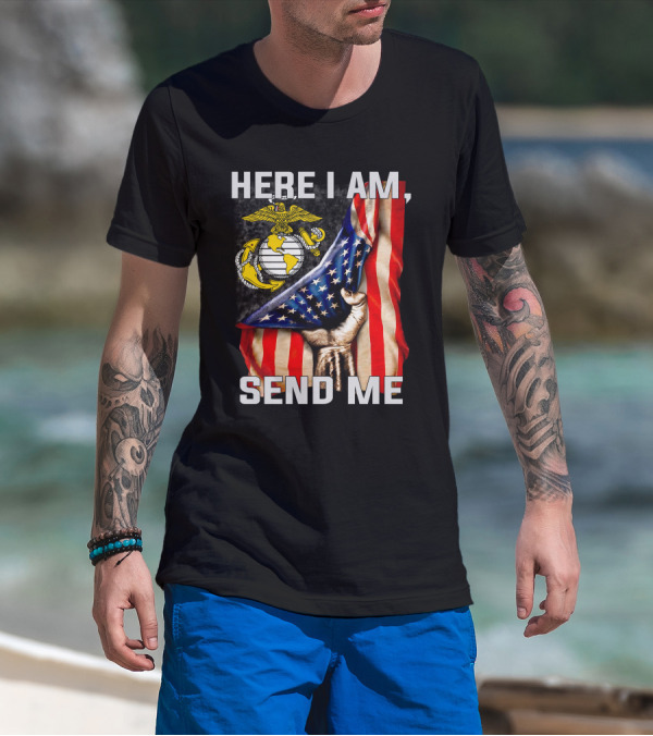 Here I Am Send Me US Marine Corps Eagle Globe Anchor American Flag T-Shirt