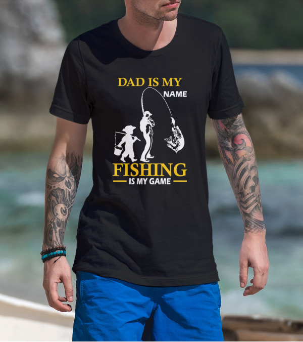 Dad Is My Name Fishing Is My Game White Silhouette Fisherman And Child With Catch T-Shirt