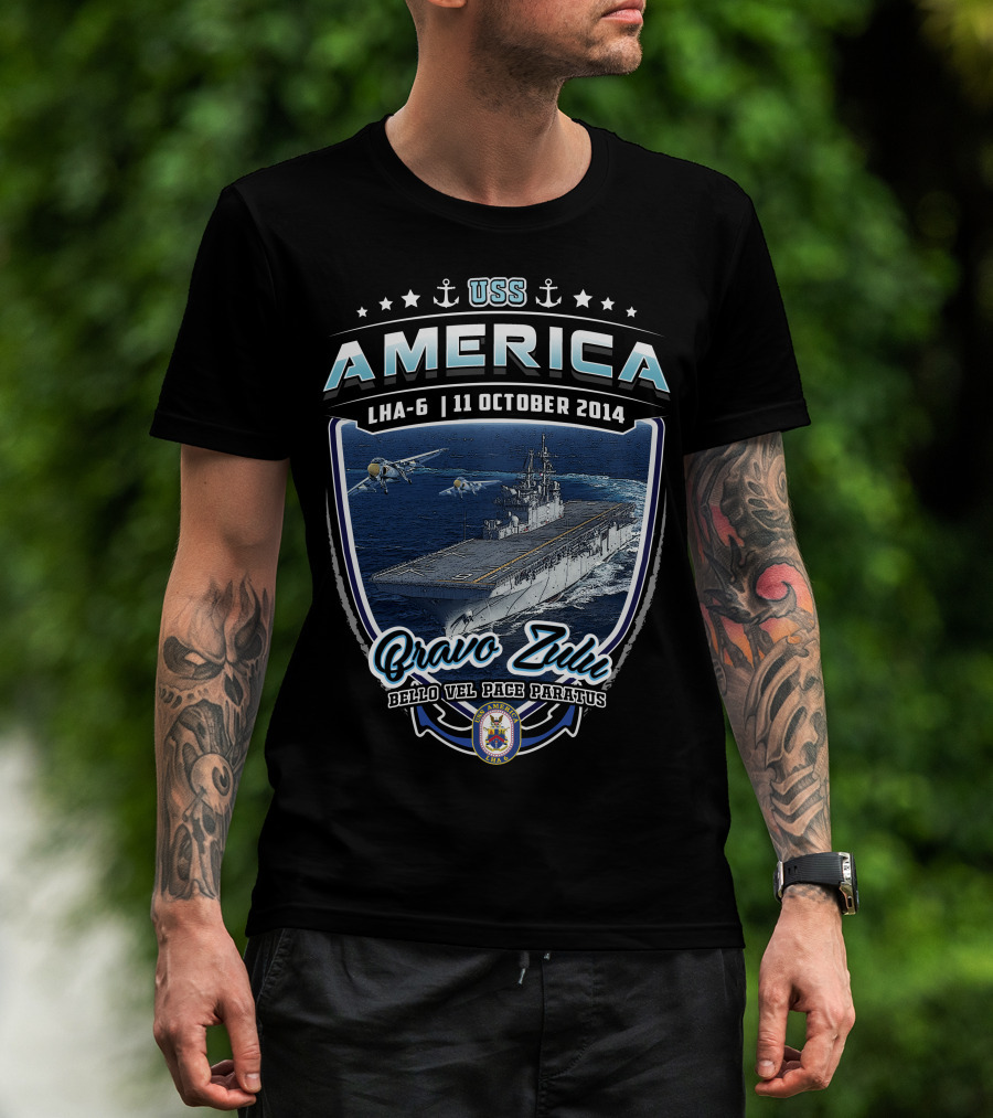 Uss America Lha-6 11 October 2014 Bravo Zulu Bello Vel Pace Paratus T-Shirt