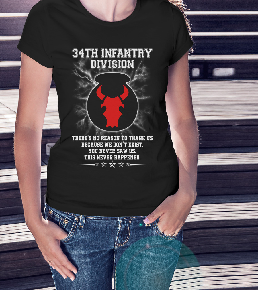 34Th Infantry Division Red Bull Skull With Lightning And Secret Message T-Shirt