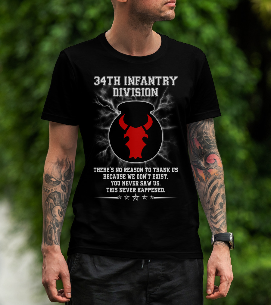 34Th Infantry Division Red Bull Skull With Lightning And Secret Message T-Shirt
