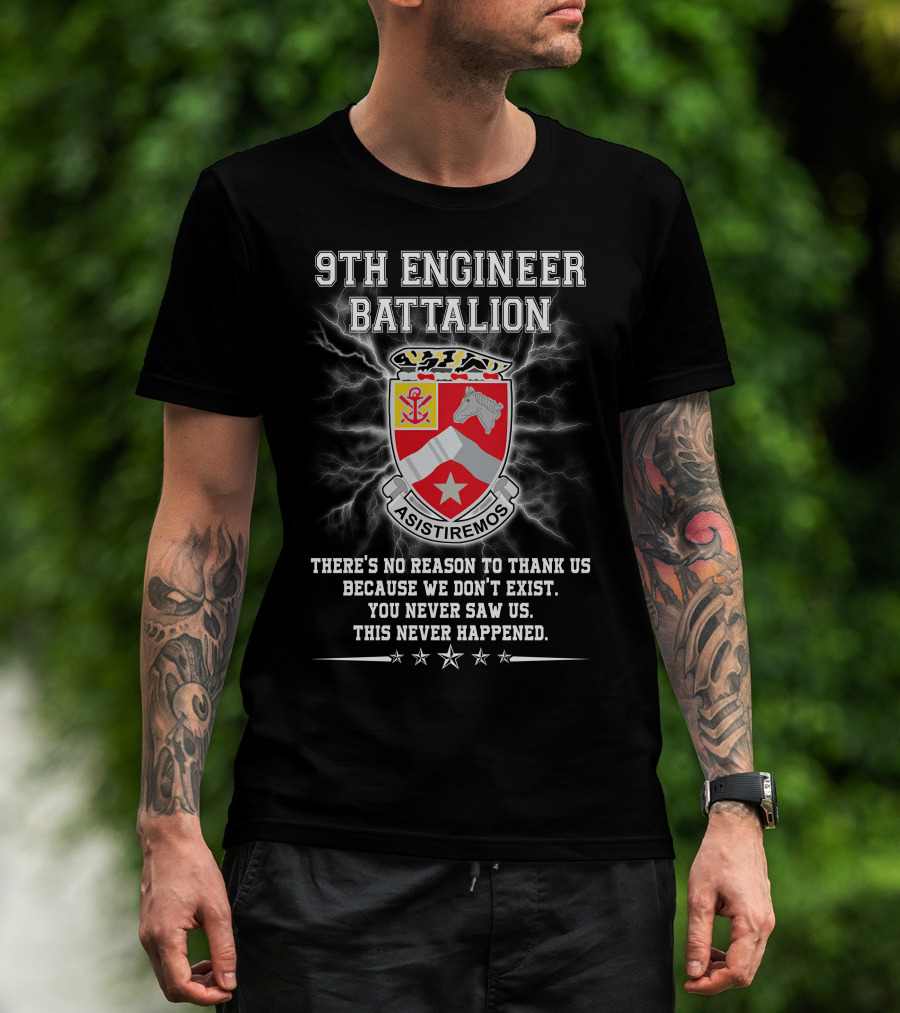 9Th Engineer Battalion Asistiremos Coat Of Arms Electric Background Never Happened T-Shirt