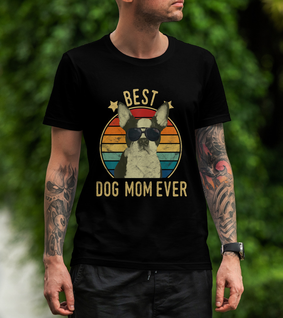 Best Dog Mom Ever Boston Terrier Retro Sunglasses Stars Stripes T-Shirt