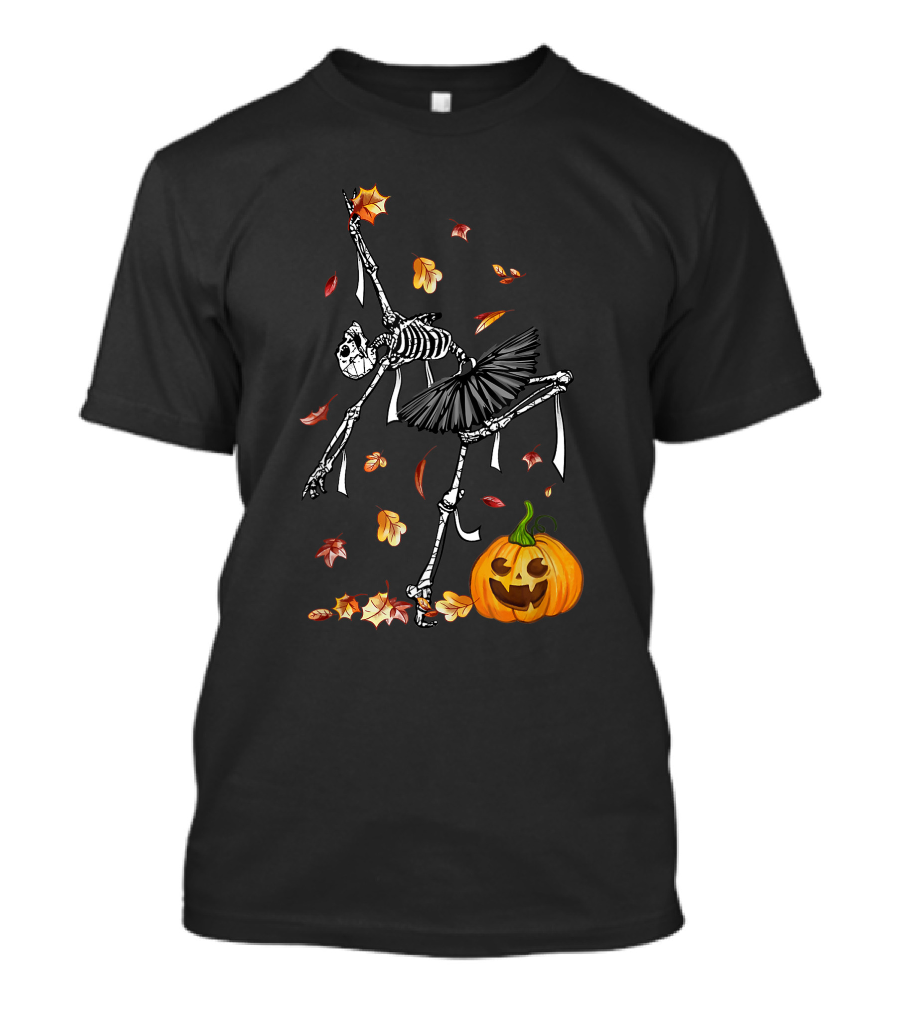 Ballet Dancer Ballerina Skeleton With Jack-O'-Lantern Halloween Fall Leaves T-Shirt