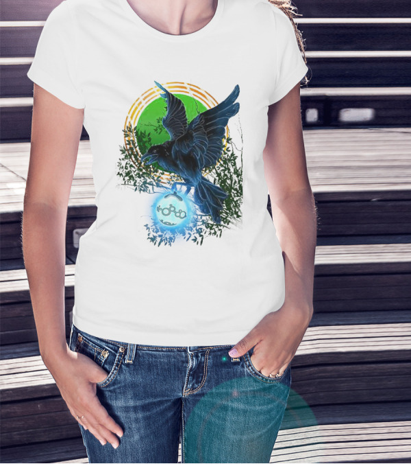 Pointcrow Raven Orb Enigma With Rings And Foliage T-Shirt