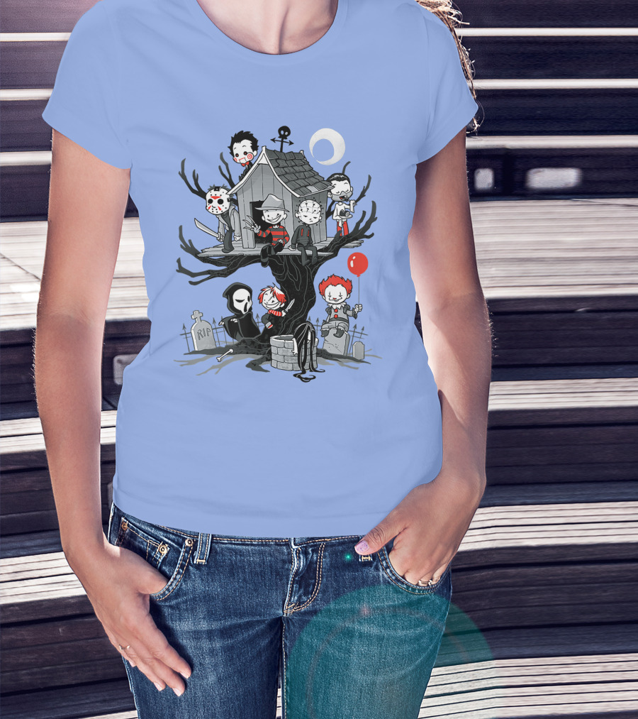Horror Icons Treehouse Adventure With Scream Mask T-Shirt