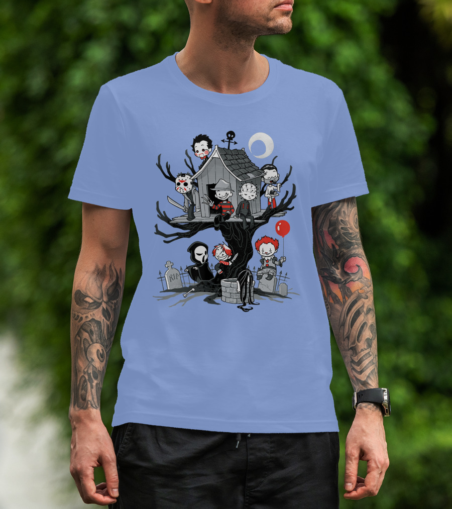 Horror Icons Treehouse Adventure With Scream Mask T-Shirt