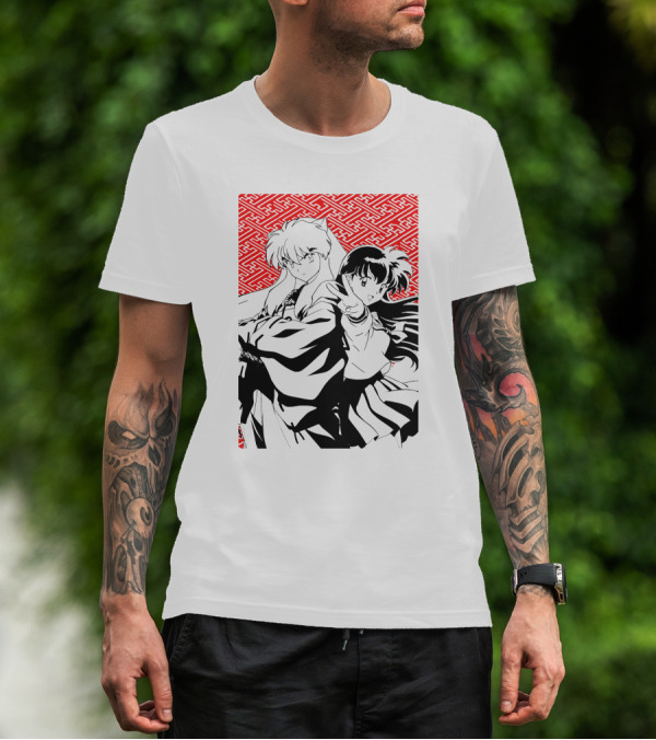 Inuyasha Kagome Classic Anime Style Red Pattern Background T-Shirt