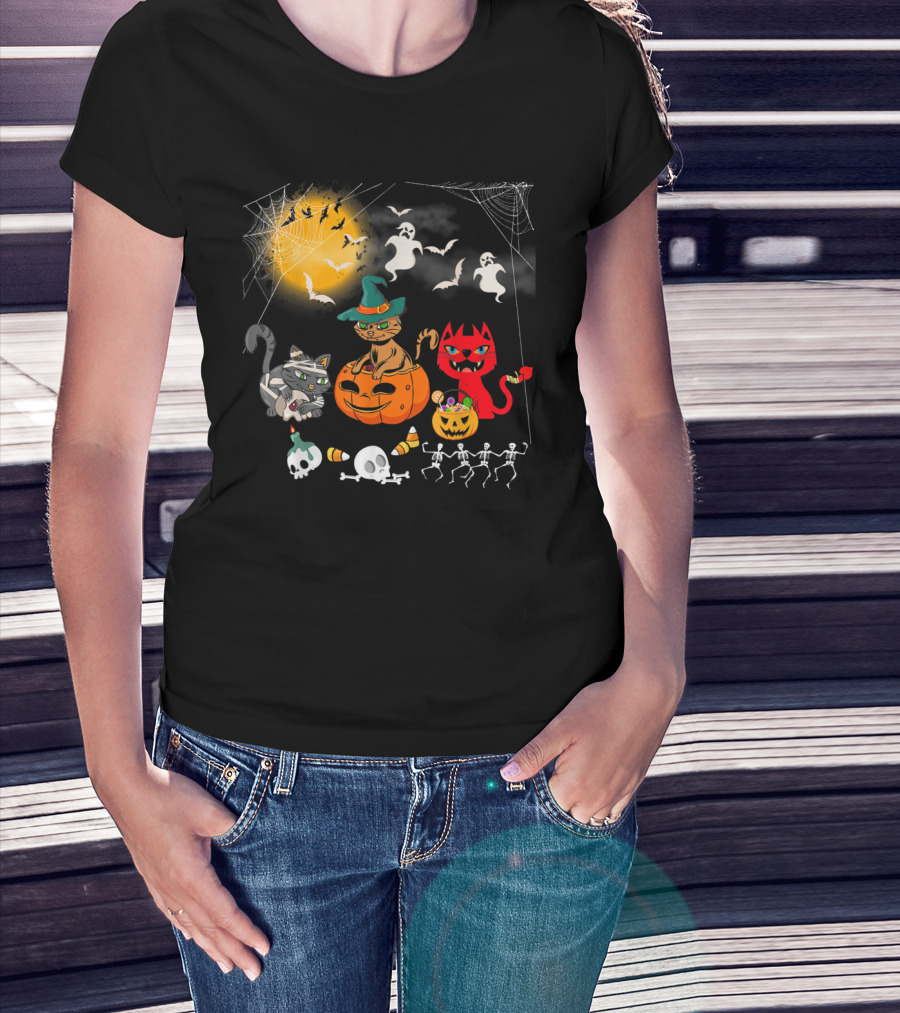 Halloween Funny Cat Lover With Witch Cat And Devil Cat T-Shirt