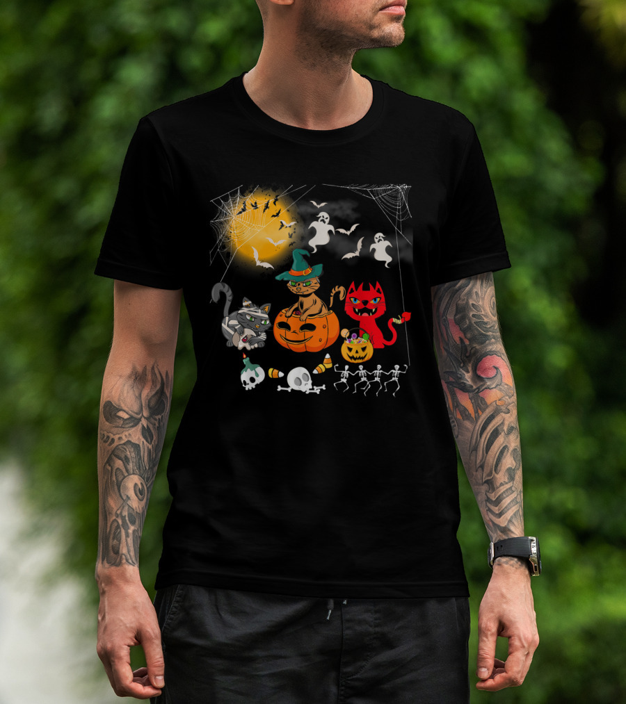 Halloween Funny Cat Lover With Witch Cat And Devil Cat T-Shirt