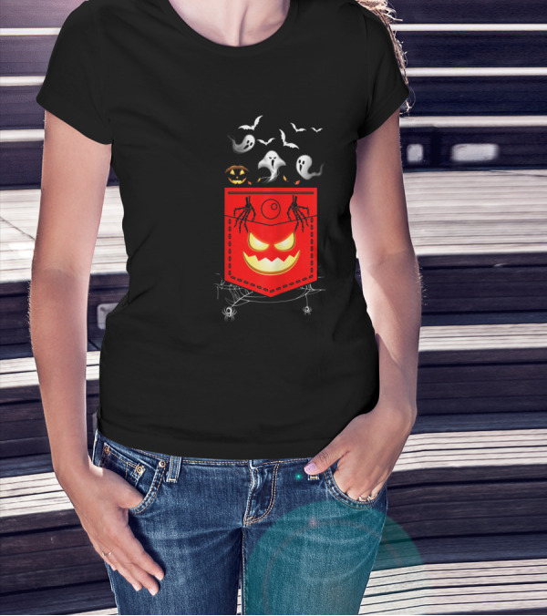 Halloween Costume Ghosts Peeking Pocket Pumpkin Bats Skeleton Spiders T-Shirt
