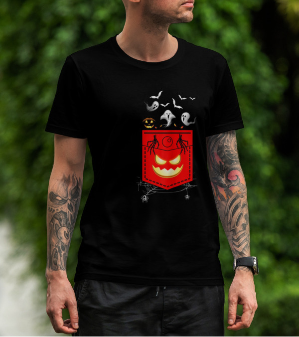 Halloween Costume Ghosts Peeking Pocket Pumpkin Bats Skeleton Spiders T-Shirt