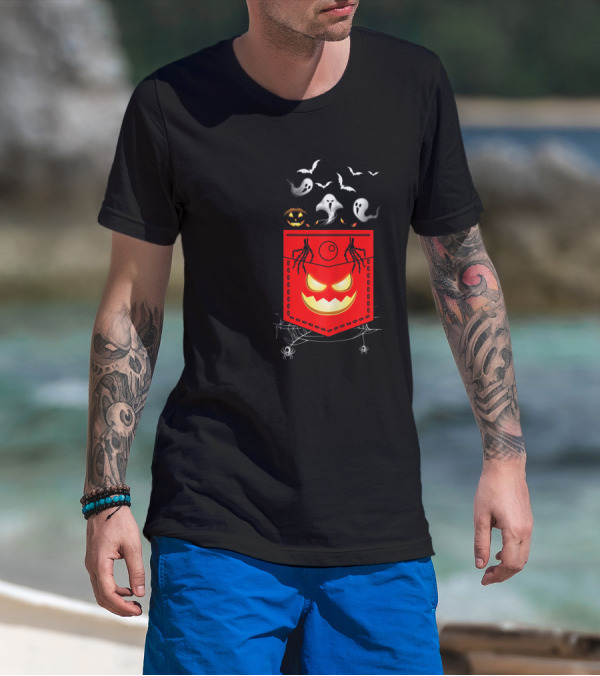 Halloween Costume Ghosts Peeking Pocket Pumpkin Bats Skeleton Spiders T-Shirt