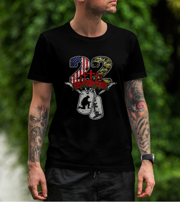 22 Each Day Soldier Veteran PTSD Awareness Dog Tags Roses Crosses American Flag Camo T-Shirt