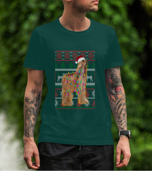 Afghan Hound Christmas Lights Santa Hat Ugly T-Shirt