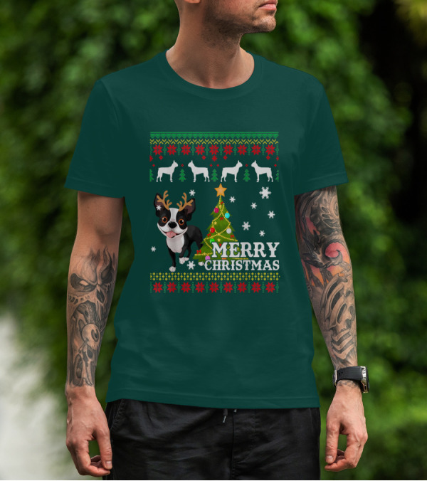 Merry Christmas Boston Terrier Holiday T-Shirt
