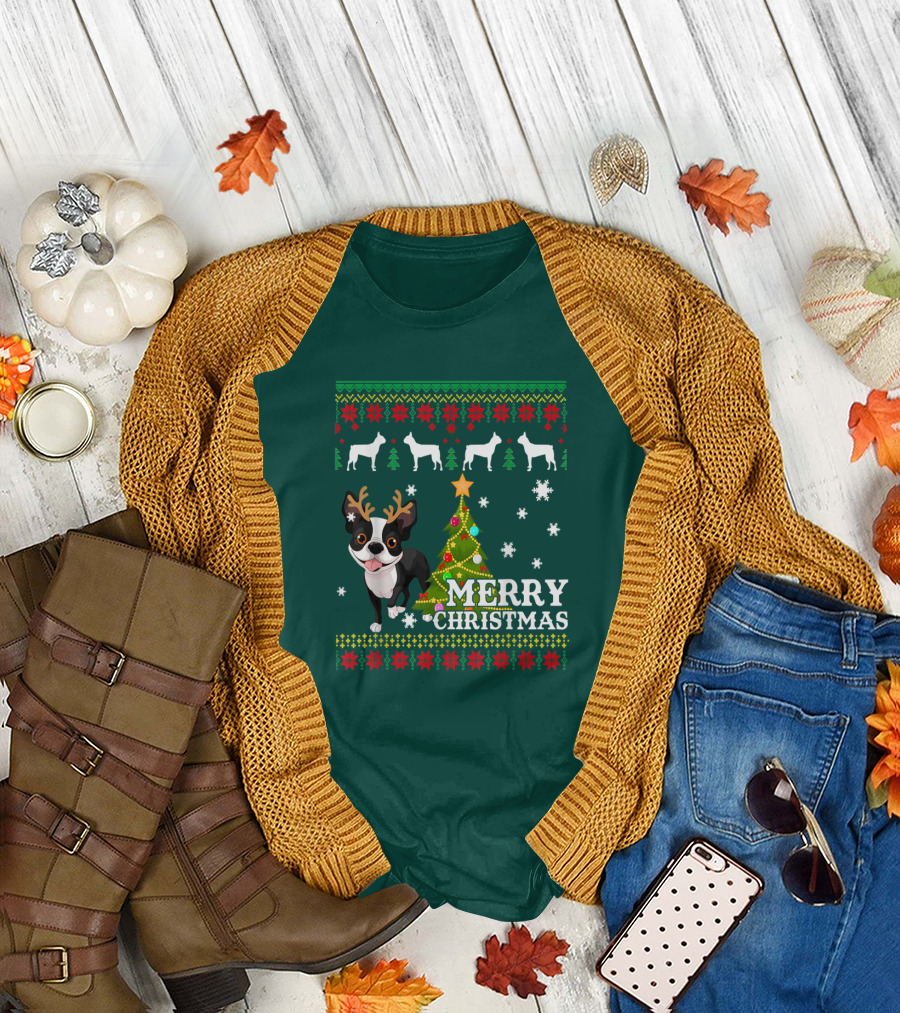 Merry Christmas Boston Terrier Holiday T-Shirt