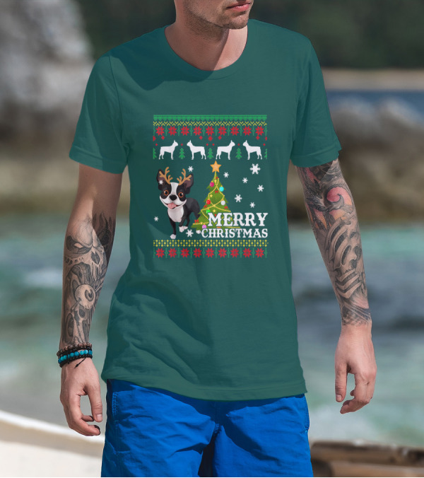 Merry Christmas Boston Terrier Holiday T-Shirt