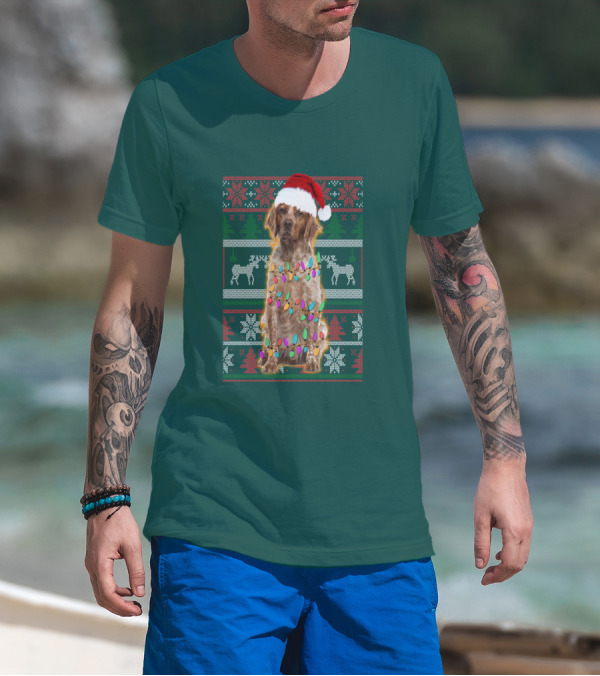 Brittany Dog Santa Hat Christmas Lights And Reindeer Snowflakes T-Shirt