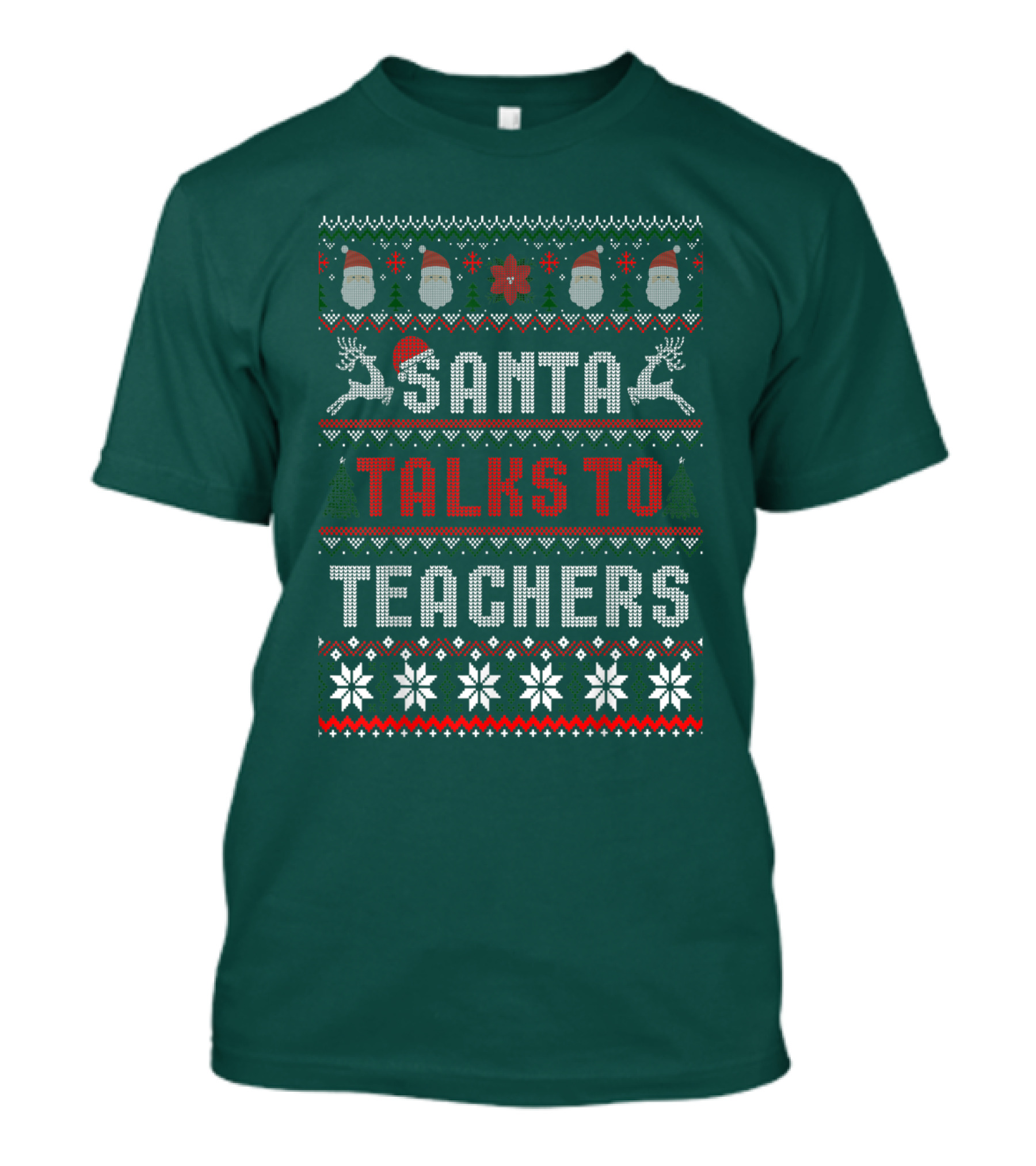 Santa Talks To Teachers Christmas Sweater Design With Reindeer And Santa Hats T-Shirt
