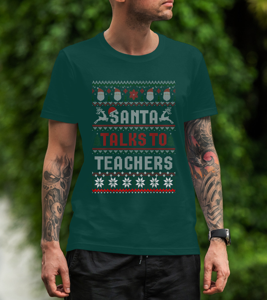 Santa Talks To Teachers Christmas Sweater Design With Reindeer And Santa Hats T-Shirt