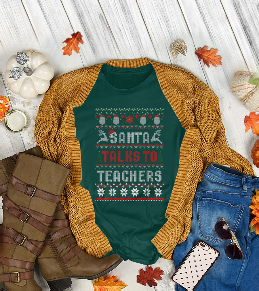 Santa Talks To Teachers Christmas Sweater Design With Reindeer And Santa Hats T-Shirt