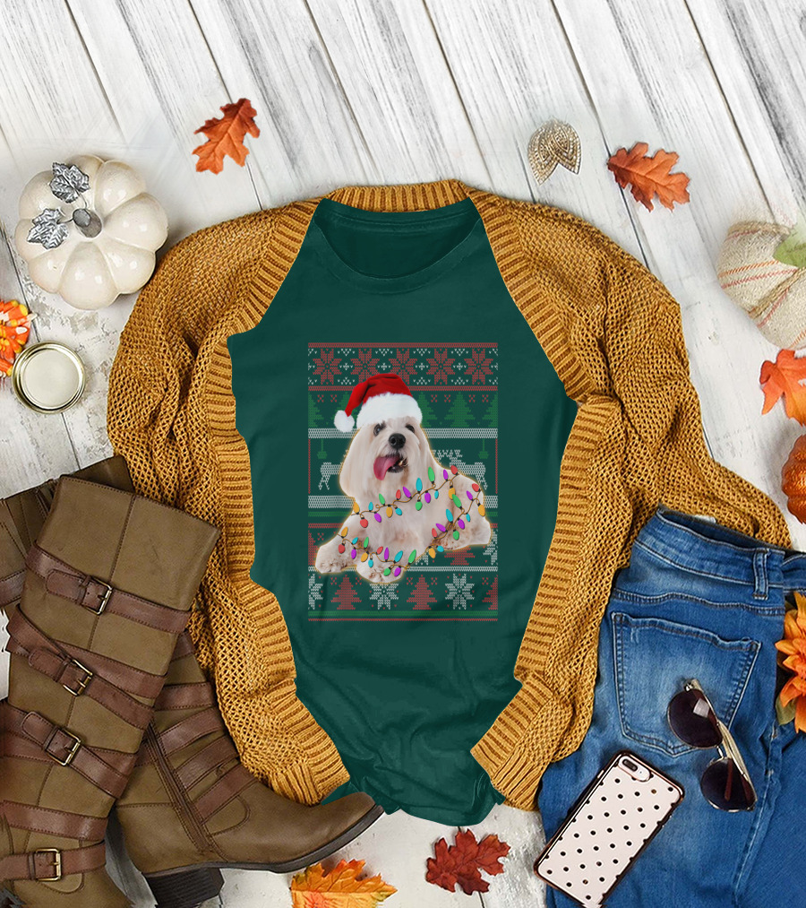 Coton De Tulear Holiday Lights Christmas Sweater Santa Hat T-Shirt