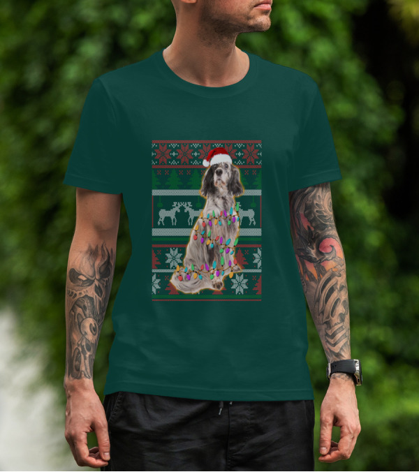 English Setter Christmas Lights Ugly Sweater Santa Hat T-Shirt