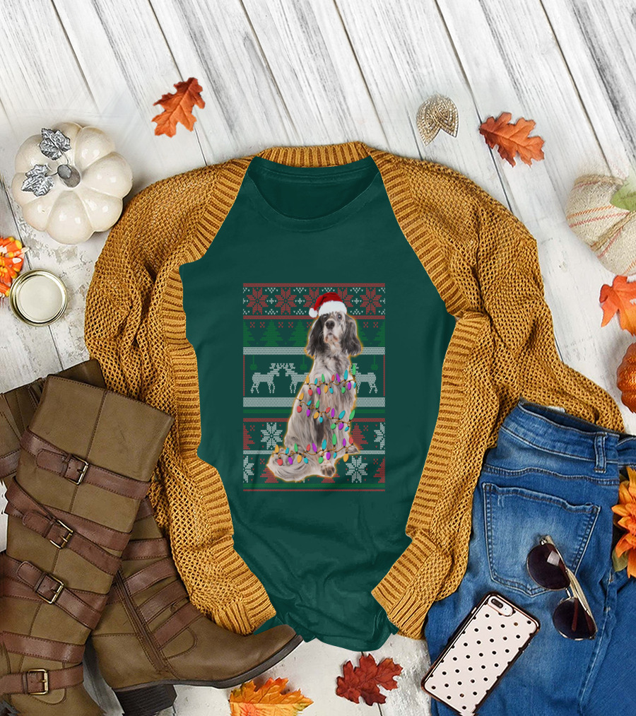 English Setter Christmas Lights Ugly Sweater Santa Hat T-Shirt