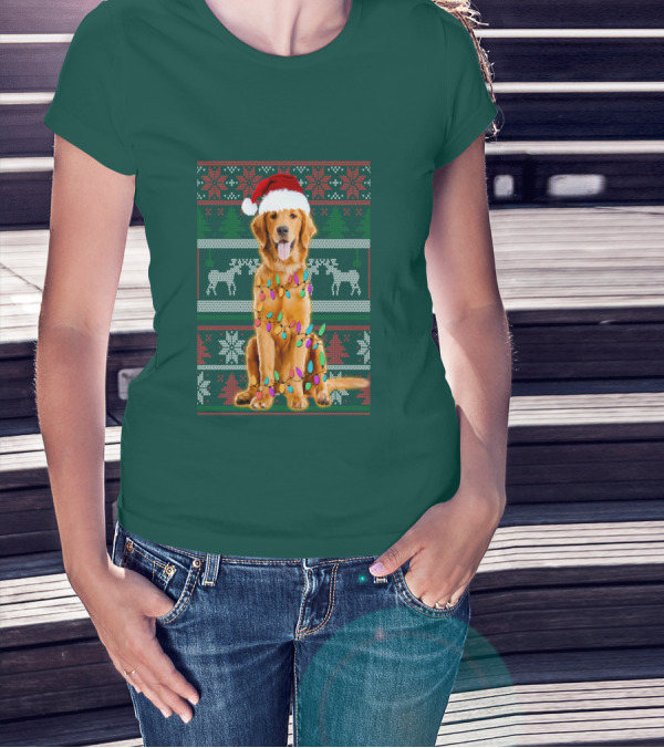 Golden Retriever Christmas Santa Hat Lights Holiday T-Shirt