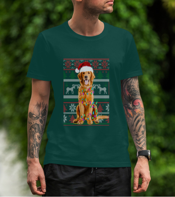 Golden Retriever Christmas Santa Hat Lights Holiday T-Shirt