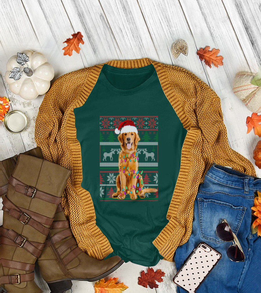 Golden Retriever Christmas Santa Hat Lights Holiday T-Shirt