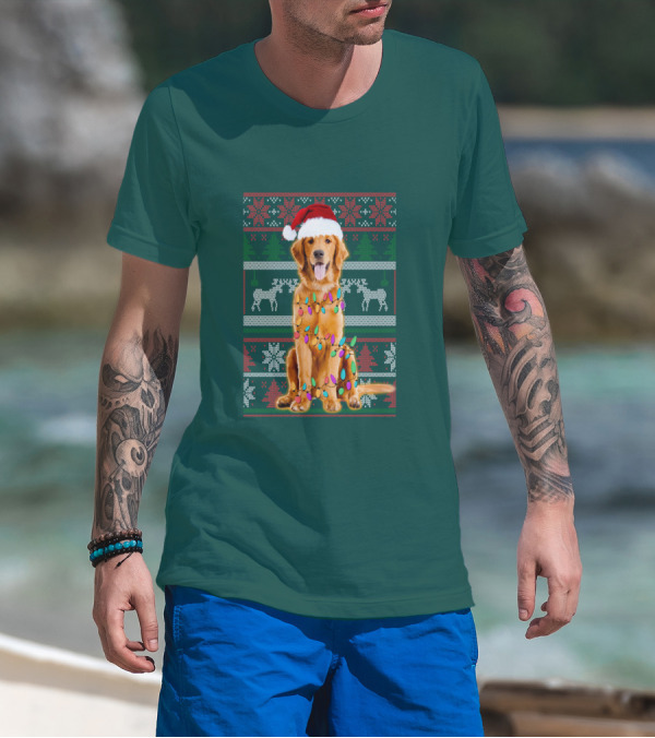 Golden Retriever Christmas Santa Hat Lights Holiday T-Shirt