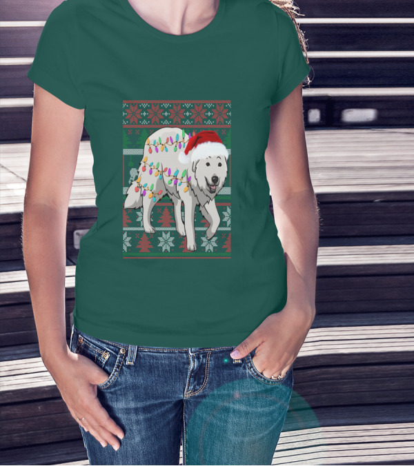 Great Pyrenees Christmas Lights And Santa Hat Holiday T-Shirt