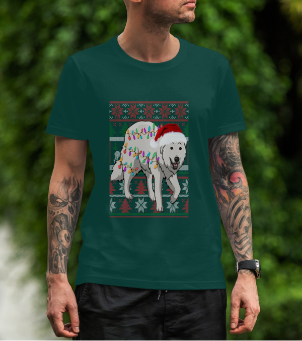 Great Pyrenees Christmas Lights And Santa Hat Holiday T-Shirt