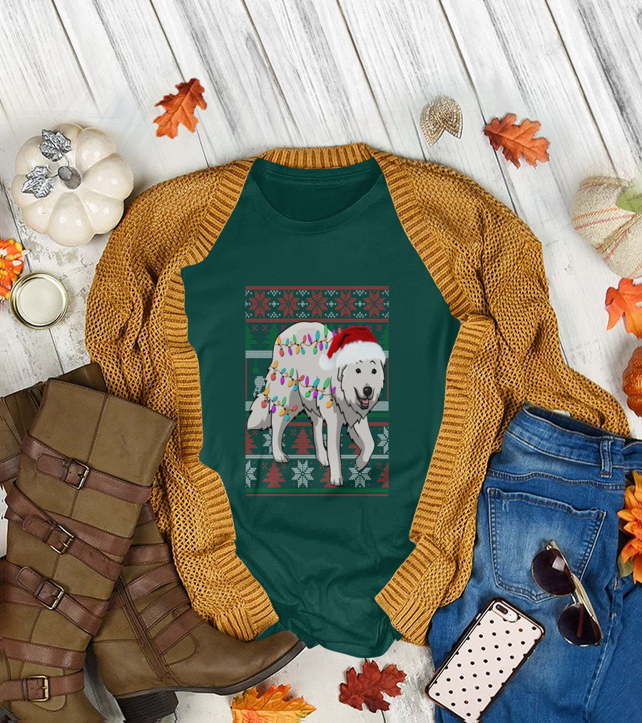 Great Pyrenees Christmas Lights and Santa Hat Holiday T-Shirt