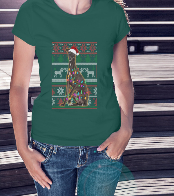 Greyhound Christmas Santa Hat And Lights Ugly T-Shirt