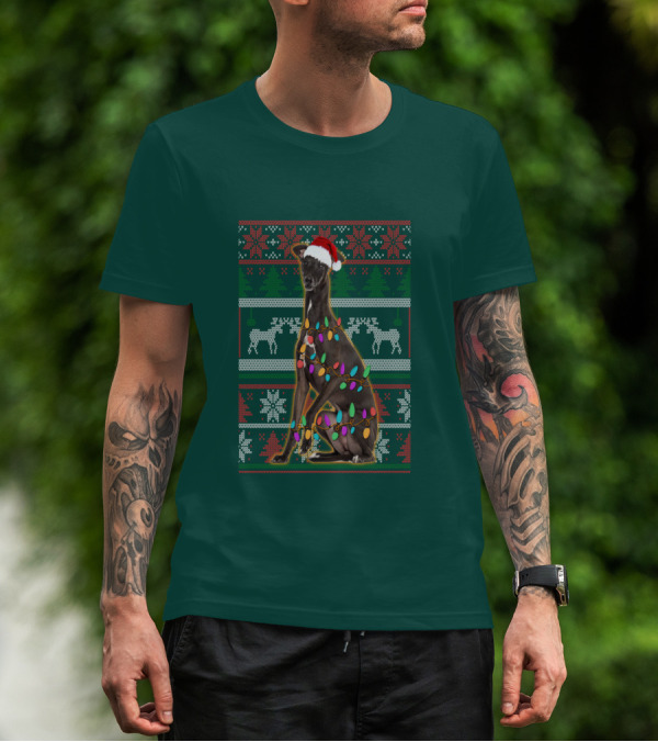 Greyhound Christmas Santa Hat And Lights Ugly T-Shirt