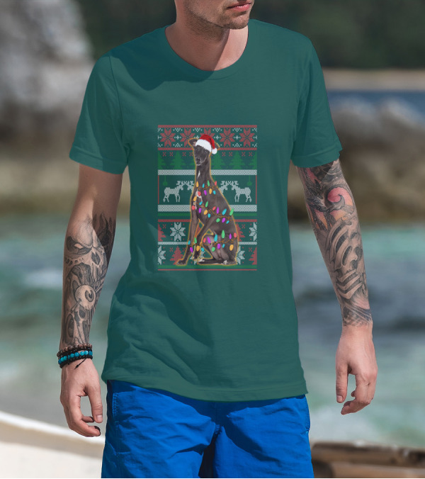 Greyhound Christmas Santa Hat And Lights Ugly T-Shirt
