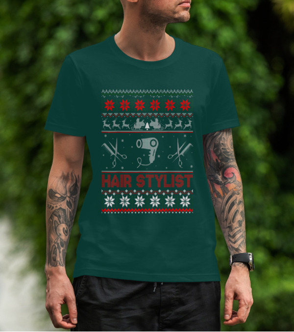 Hair Stylist Ugly Christmas Sweater Scissors And Hairdryer T-Shirt