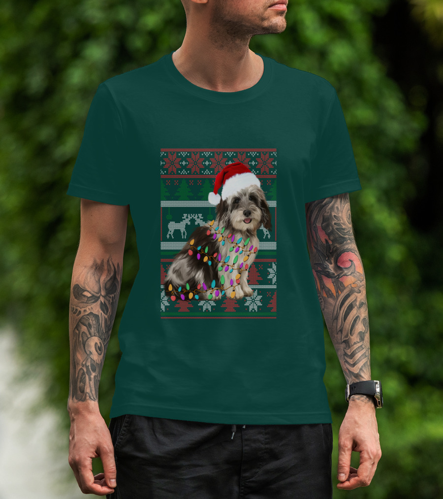 Havanese Festive Christmas Lights Santa Hat Ugly T-Shirt