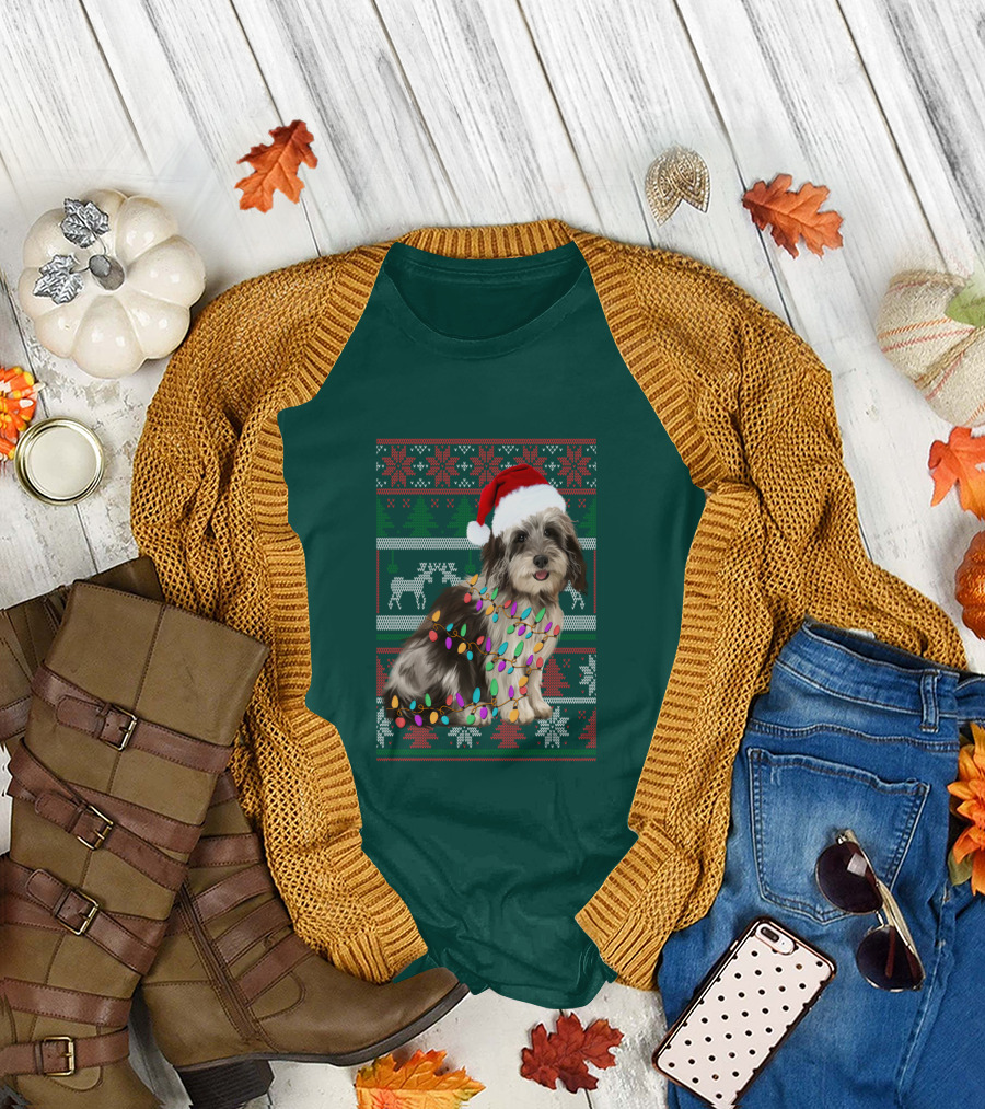 Havanese Festive Christmas Lights Santa Hat Ugly T-Shirt