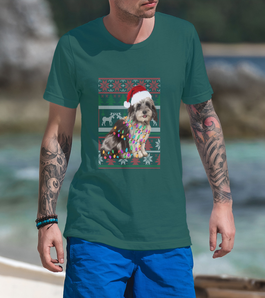 Havanese Festive Christmas Lights Santa Hat Ugly T-Shirt