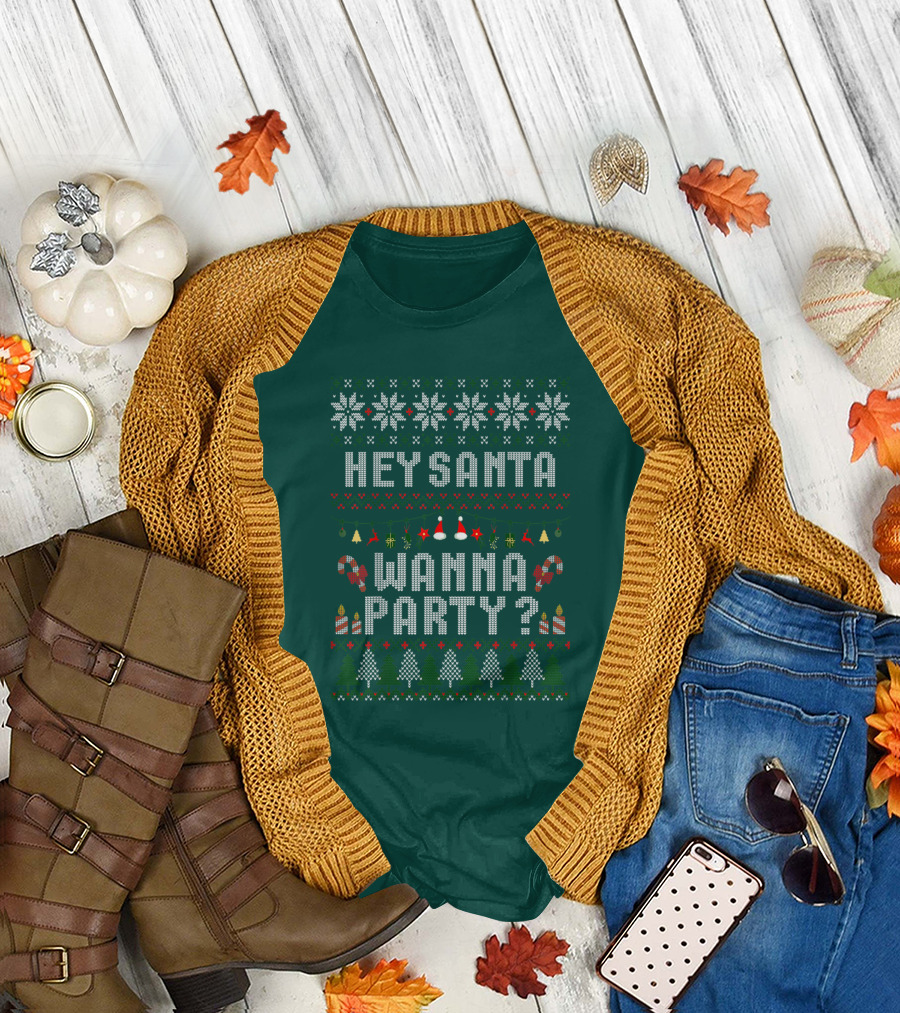 Hey Santa Wanna Party Christmas Ugly Sweater Style Holiday Festive T-Shirt
