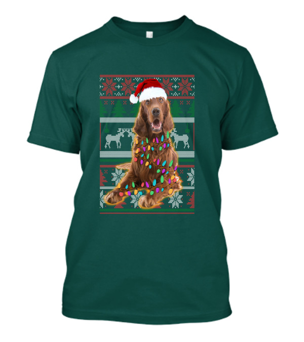 Christmas Irish Setter Reindeer Santa Hat Lights T-Shirt
