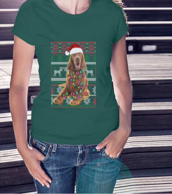 Christmas Irish Setter Reindeer Santa Hat Lights T-Shirt