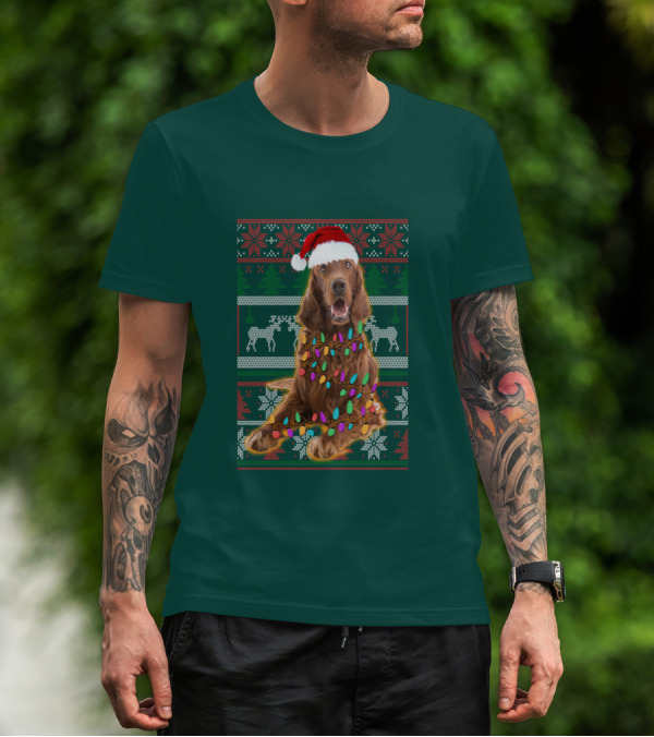 Christmas Irish Setter Reindeer Santa Hat Lights T-Shirt