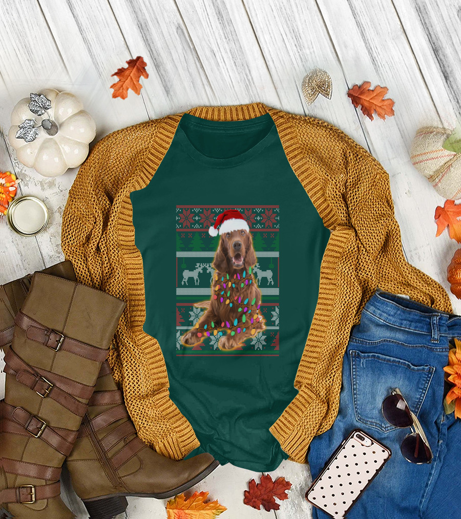 Christmas Irish Setter Reindeer Santa Hat Lights T-Shirt