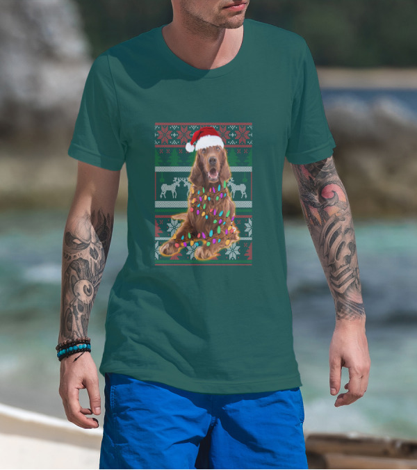 Christmas Irish Setter Reindeer Santa Hat Lights T-Shirt