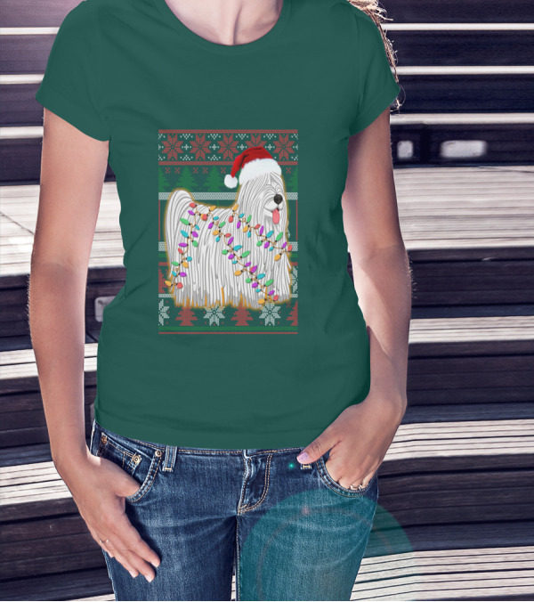Komondor Christmas Lights Ugly Sweater Santa Hat T-Shirt